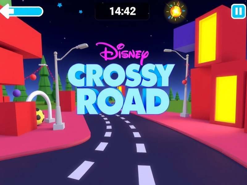 Disney Crossy Road gameplay screenshot showing Mickey Mouse crossing road