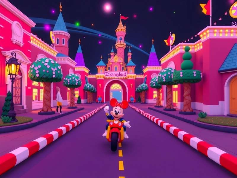 Gameplay screenshot showing Mickey Mouse crossing a road with Disneyland castle in background