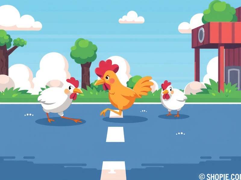 Colorful pixel art chicken character crossing busy road