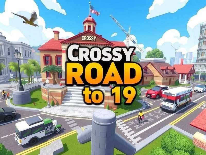 Colorful Crossy Road gameplay scene showing chicken character navigating roads and rivers