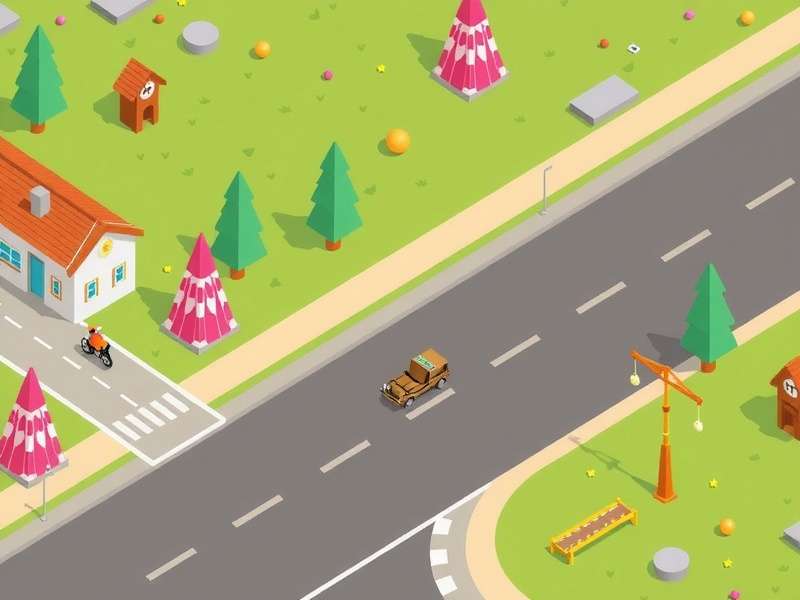 Colorful pixel art landscape with a chicken character crossing a road with cars and logs