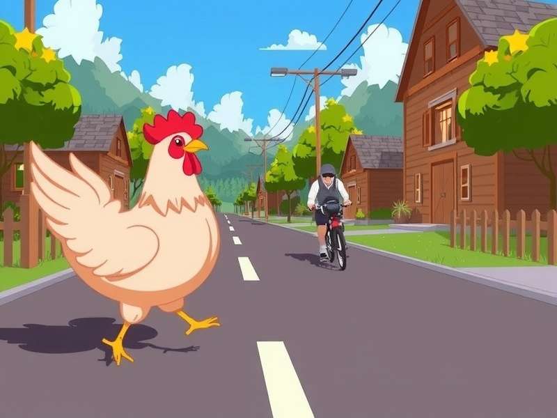 Crossy Road game screenshot showing chicken character crossing busy road with vehicles