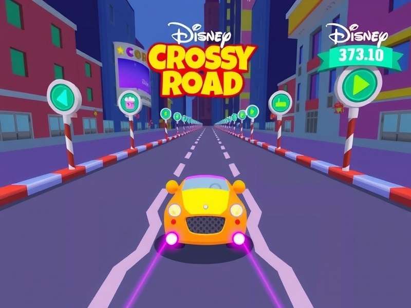 Disney Crossy Road gameplay screenshot showing Mickey Mouse crossing a road
