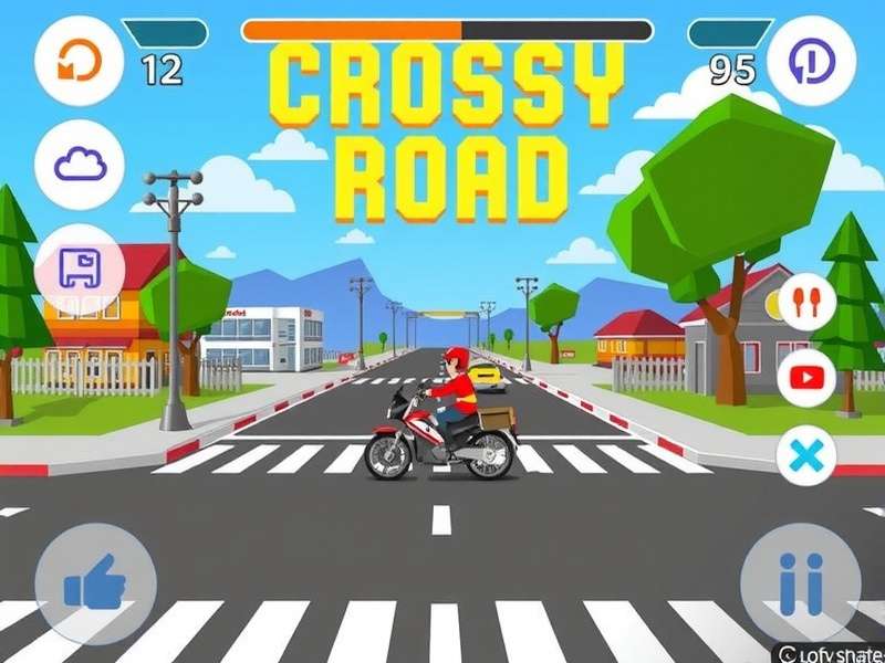 Colorful pixel art game scene resembling Crossy Road gameplay on a mobile device