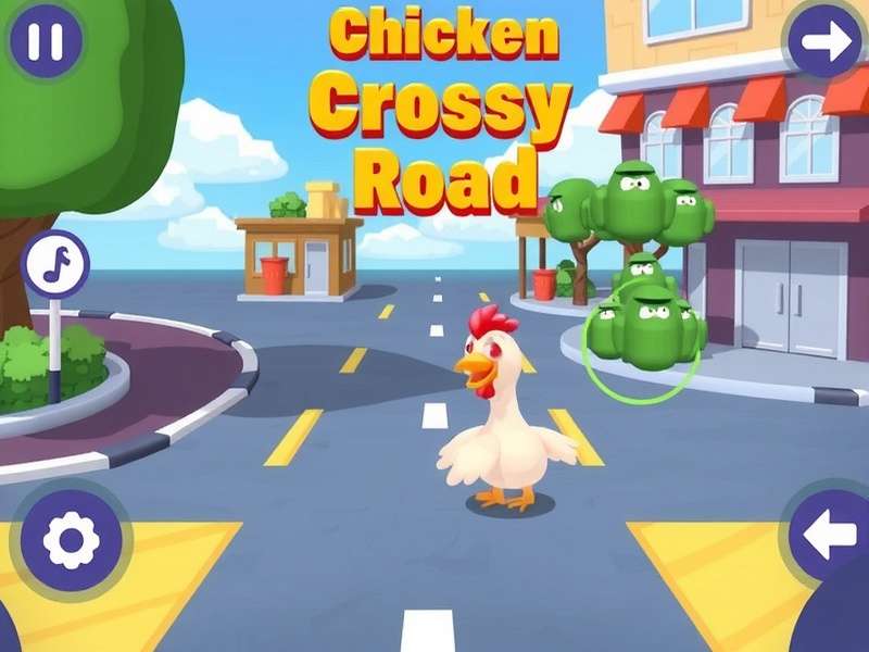 Screenshot of Chicken Crossy Road game being played on Poki website showing chicken crossing a busy road