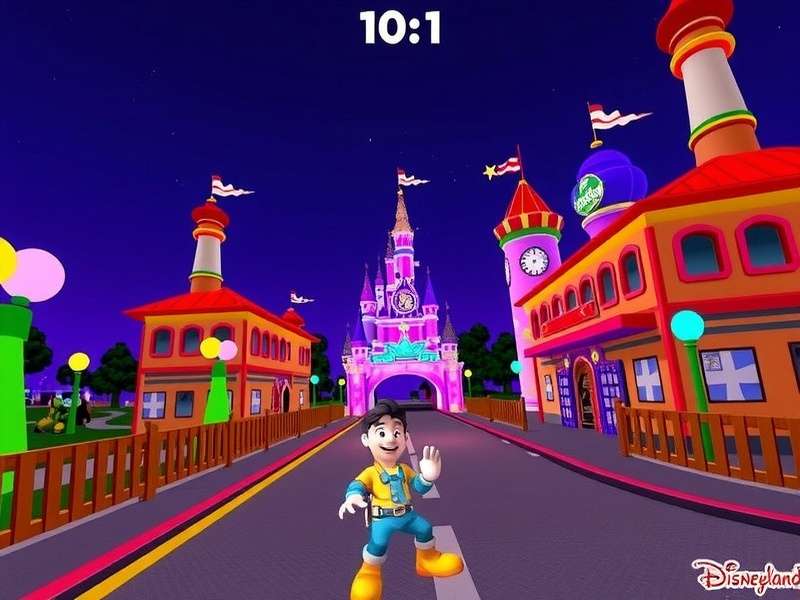 Disneyland Crossy Road gameplay screenshot showing Mickey Mouse crossing a themed road