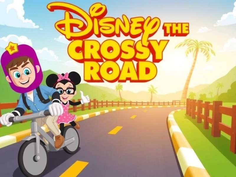 Disney Crossy Road gameplay screenshot showing Mickey Mouse crossing a road
