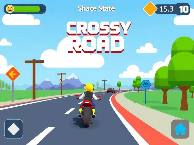 Crossy Road gameplay screenshot showing a chicken hopping across a busy highway with cars, trains, and logs