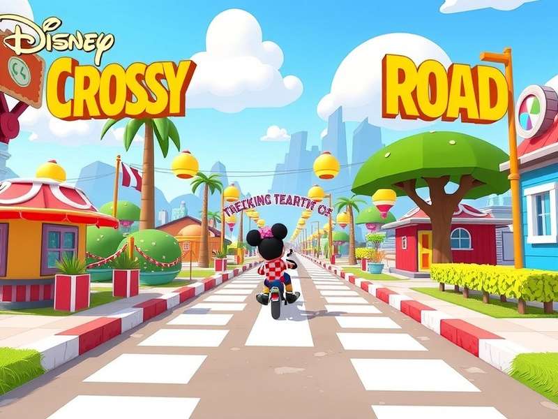 Disney Crossy Road gameplay walkthrough featuring Mickey Mouse, Elsa, and Darth Vader hopping through themed worlds