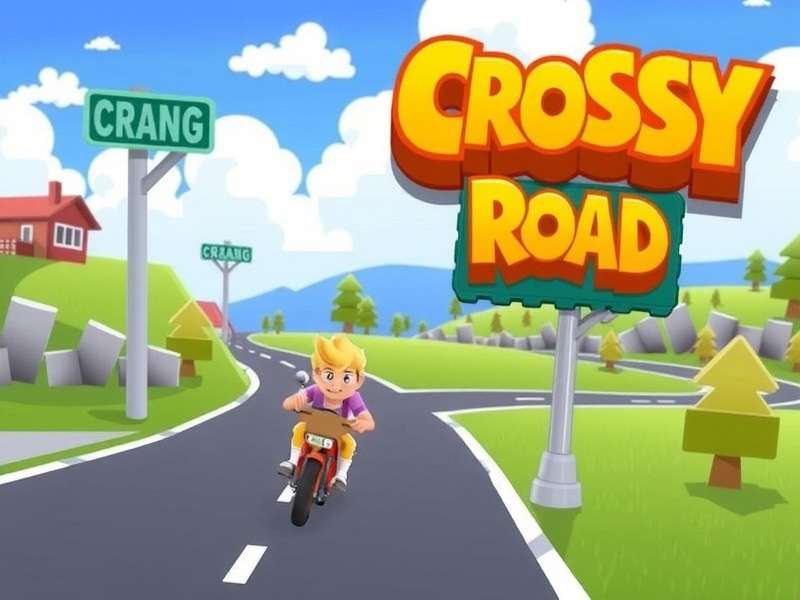 Crossy Road game download and gameplay scene showing the iconic chicken crossing roads, rivers, and trains