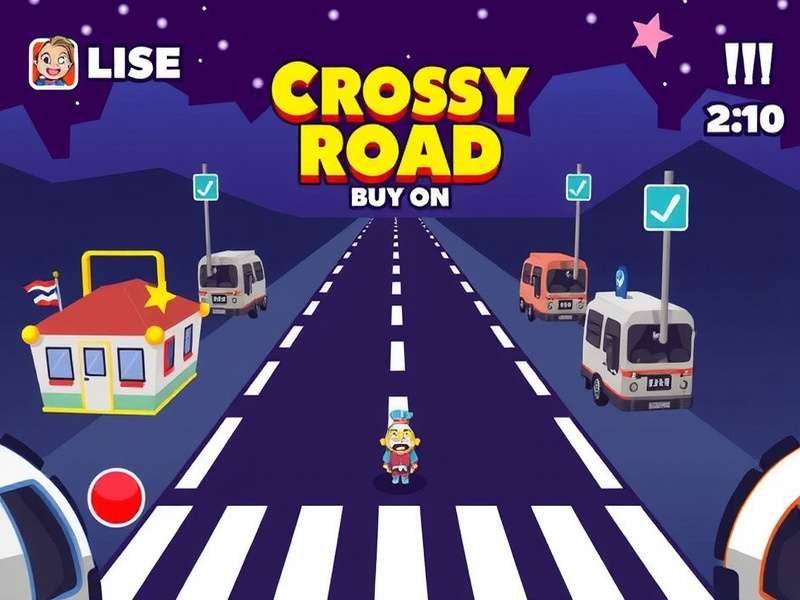 Crossy Road gameplay screenshot showing the hopping chicken crossing roads and rivers