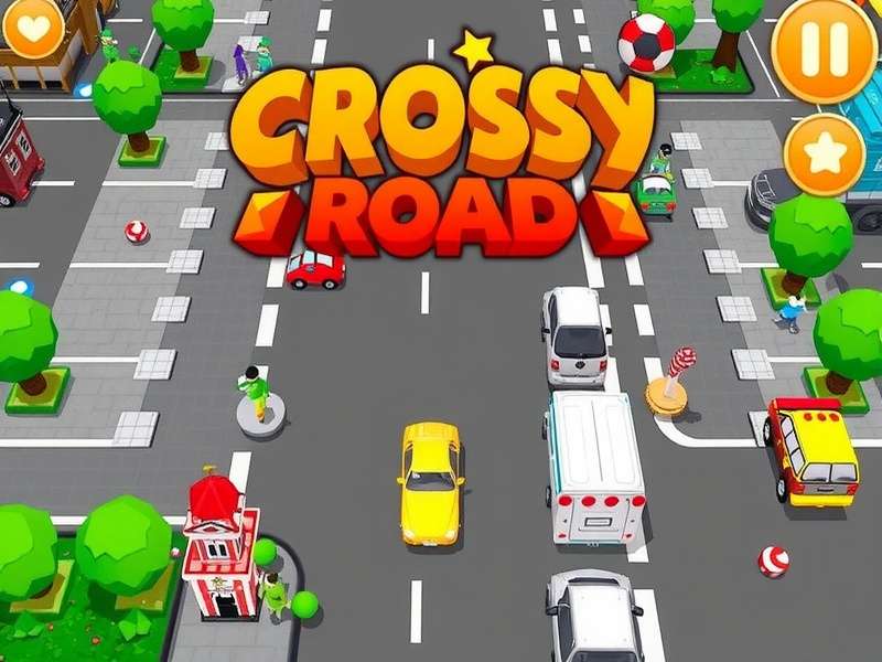 Crossy Road PC gameplay screenshot showing a chicken crossing busy roads and rivers